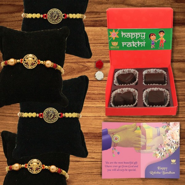 BOGATCHI 4 Chocolate Box 4 Rakhi Roli Chawal and Greeting Card G | Unique Rakhi Gifts for Sister | Rakhi with Chocolate Online 